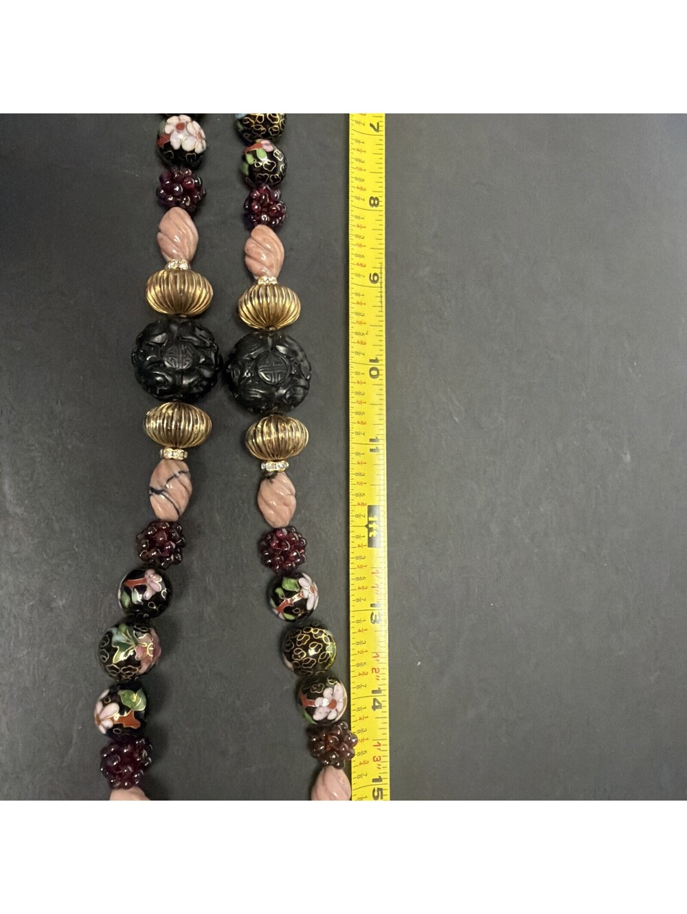 Vintage Art Glass Beaded Necklace Wedding Cake Style Beads Stone Carved Chinese - Picture 10 of 14